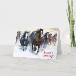 Westers getinte wilde paarden in de sneeuw feestdagen kaart