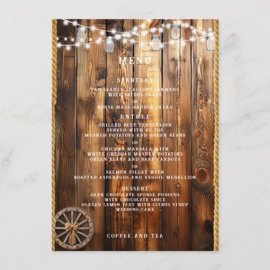 Westers touw wagenwiel Metselaarsglas snoerlampjes Menu (Voorkant)