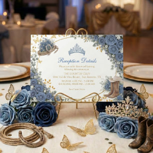 Westerse Blauwe Rozen Gouden Land Quinceañera Informatiekaartje