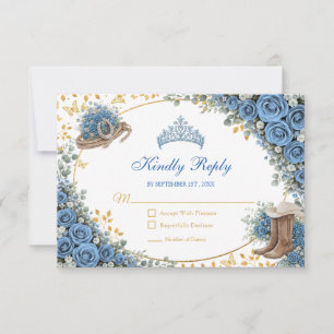 Westerse Blauwe Rozen Gouden Land Quinceañera RSVP Kaartje