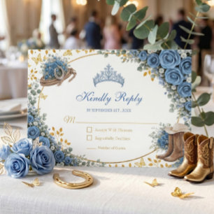 Westerse Blauwe Rozen Gouden Land Quinceañera RSVP Kaartje