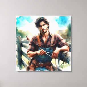Westerse Cowboy Aquarel Opgespannen Canvasprint Canvas Afdruk