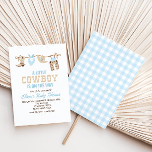 Westerse Cowboy Blauwe Geruite Baby Shower Uitnodi Kaart