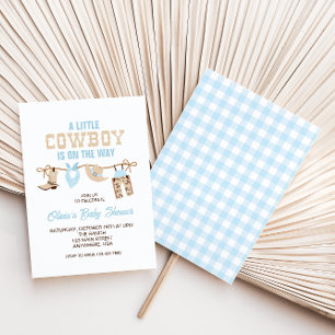 Westerse Cowboy Blauwe Geruite Baby Shower Uitnodi Kaart