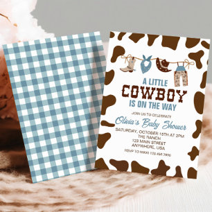Westerse Cowboy Blauwe Geruite Baby Shower Uitnodi Kaart