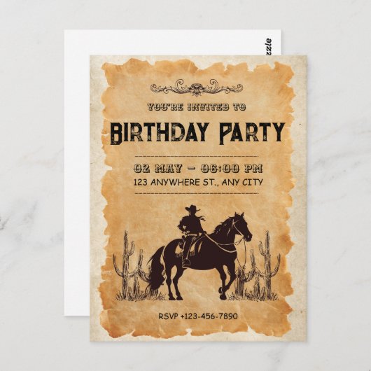Westerse Cowboy Eerste Verjaardagsuitnodiging Briefkaart (Voorkant / Achterkant)