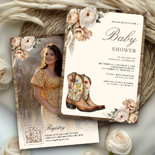 Westerse Cowboylaarzen Foto QR Code Baby Shower Kaart