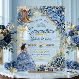 Westerse Cowgirl Blauwe Rozen Gouden Quinceañera Acryl Uitnodigingen