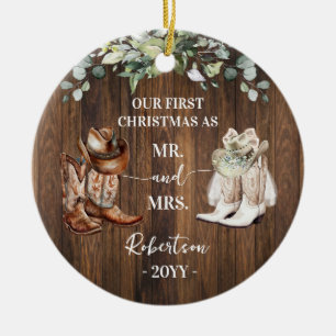 Westerse eerste kerst als meneer & mevrouw Cowboy Keramisch Ornament