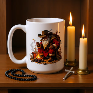 Westerse kerstman bij kampvuur koffiemok
