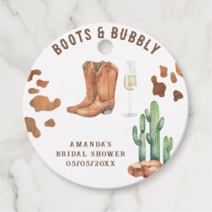 Westerse laarzen & bruisende bruids-shower bedankjes labels