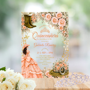 Westerse laarzen perzikrozen gouden Quinceañera Acryl Uitnodigingen