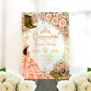 Westerse laarzen perzikrozen gouden Quinceañera Acryl Uitnodigingen