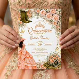 Westerse laarzen perzikrozen gouden Quinceañera Kaart