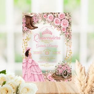 Westerse laarzen Roze rozen Gouden Quinceañera Acryl Uitnodigingen