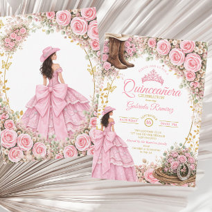 Westerse laarzen Roze rozen Gouden Quinceañera Kaart