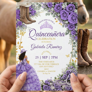 Westerse lavendelrozen Gouden Land Quinceañera Kaart
