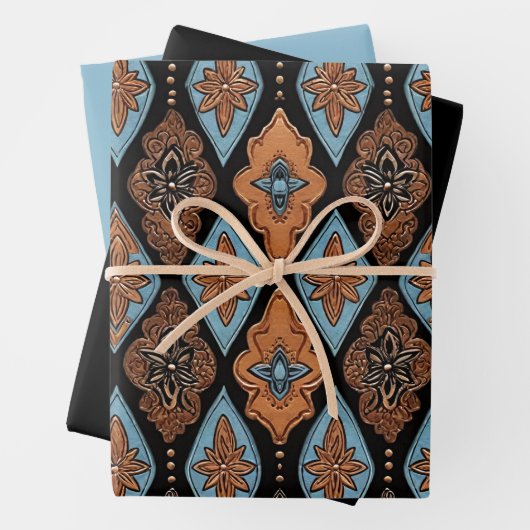 Westerse Leren Bruine Turquoise Set van 3 Inpakpapier Vel (In situ)