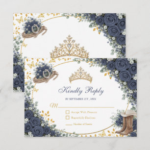Westerse Navy Blauwe Roos Gouden Land Quinceañera RSVP Kaartje