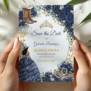 Westerse Navy Blauwe Rozen Gouden Land Quinceañera Save The Date