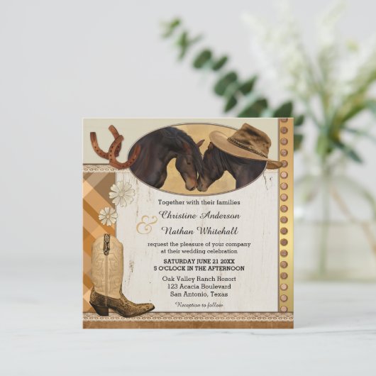 Westerse paarden geruite trouwuitnodiging kaart (Staand voorkant)