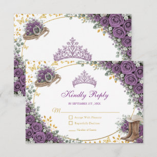 Westerse paarse rozen Gouden land Quinceañera RSVP Kaartje