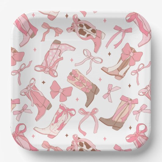 Westerse roze rodeo laarzen met strikken bruidsdou papieren bordje (Voorkant)