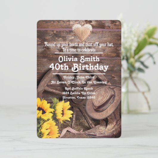 Westerse Rustieke Zonnebloem Cowboyhoed 40e Verjaa Kaart (Staand voorkant)