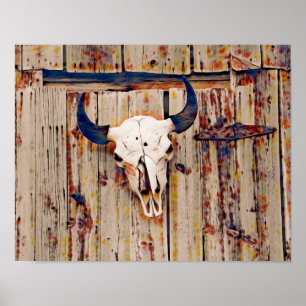 Westerse Vintage Rustieke Schedel van Stier Bruine Poster