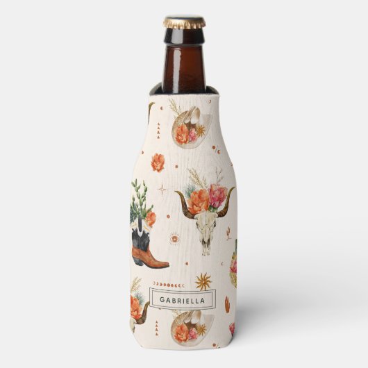Westerse Woestijn Cactus Cowboyhoed Gepersonalisee Flesjeskoeler (Fles Voorkant)