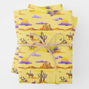 Westerse Woestijn Cowboy Paard Mesa Cactus Rustiek Inpakpapier Vel
