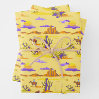 Westerse Woestijn Cowboy Paard Mesa Cactus Rustiek Inpakpapier Vel