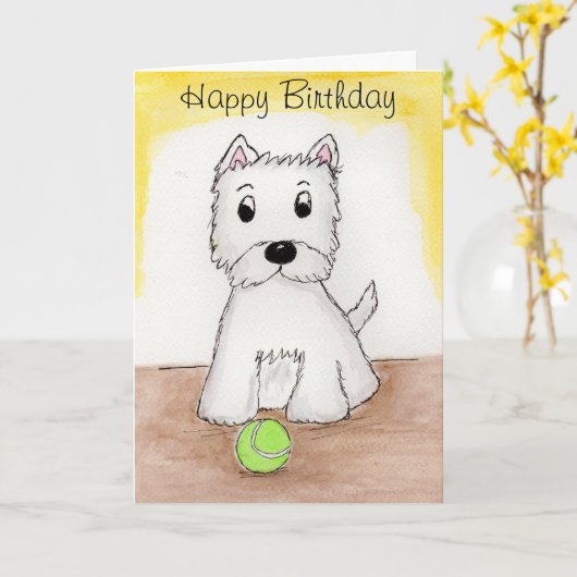 Westie Birthday art kaart vriend echtgenote e.d. (Gele Bloem)