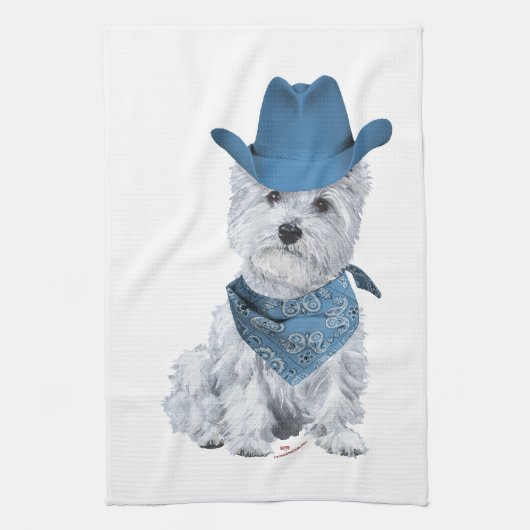 Westie Cowboy in Blue Theedoek (Verticaal)