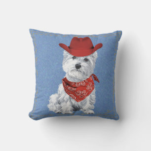Westie Cowboy op Denim Kussen
