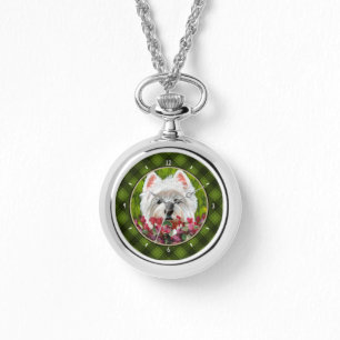 Westie en roze bloemen horloge