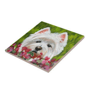 Westie en roze bloemen tegeltje