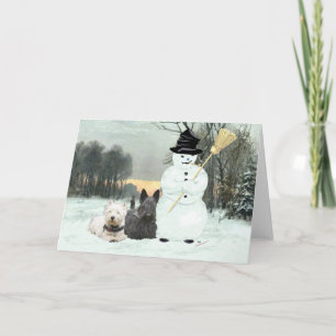 Westie en Scottie bouwen een Snowman Feestdagen Kaart
