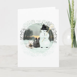 Westie en Scottie bouwen een Snowman Feestdagen Kaart