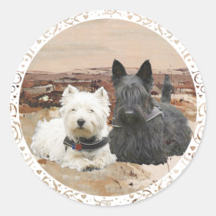 Westie en Scottie Together Autumn Ronde Sticker