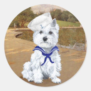 Westie en zeilboten ronde sticker