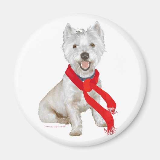 Westie in de winter met een rode sjaal magneet (Voorkant)