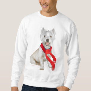 Westie in de winter met een rode sjaal trui