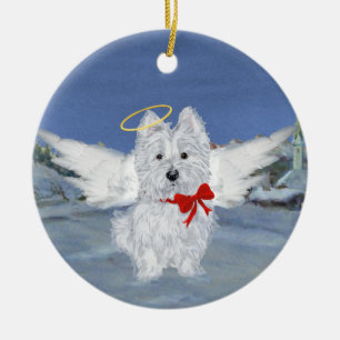 Westie kerstengel keramisch ornament