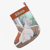 Westie kijkt uit een raam grote kerstsok (Achterkant (Hangend))