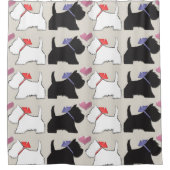 Westie noir et blanc poursuit le rideau en douche (Devant)