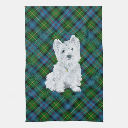 Westie over Tartan Theedoek (Verticaal)