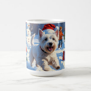 Westie rent in de sneeuw met kerstmuts koffiemok