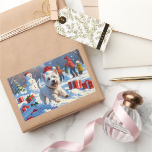 Westie rent in de sneeuw met kerstmuts rechthoekige sticker