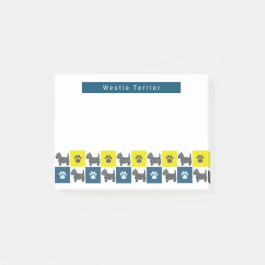 Westie Terrier Dog & Paw Yellow &Blue Grid Post-it® Notes (Voorkant)